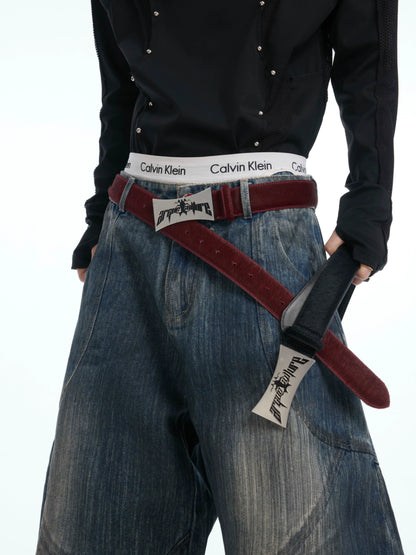 Heavyweight Aged Metal Buckle Genuine Hair Leather Belt WN18326