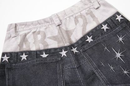Star Damage Washed Wide Leg Denim Jeans WN25519
