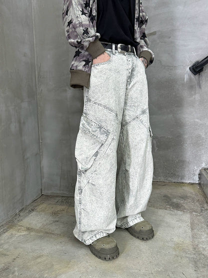 Washed Cargo Wide Leg Denim Jeans WN21168