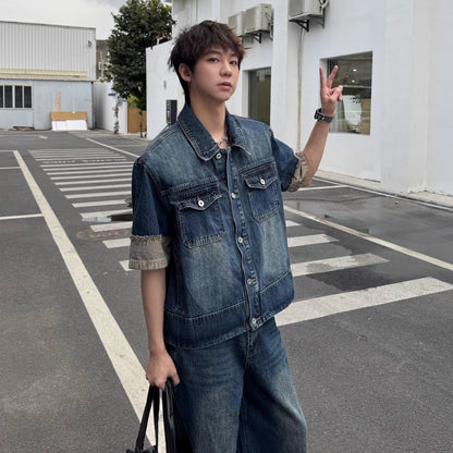 Contrast Cuff Denim Jacket & Wide Leg Denim Jeans Setup WN25367