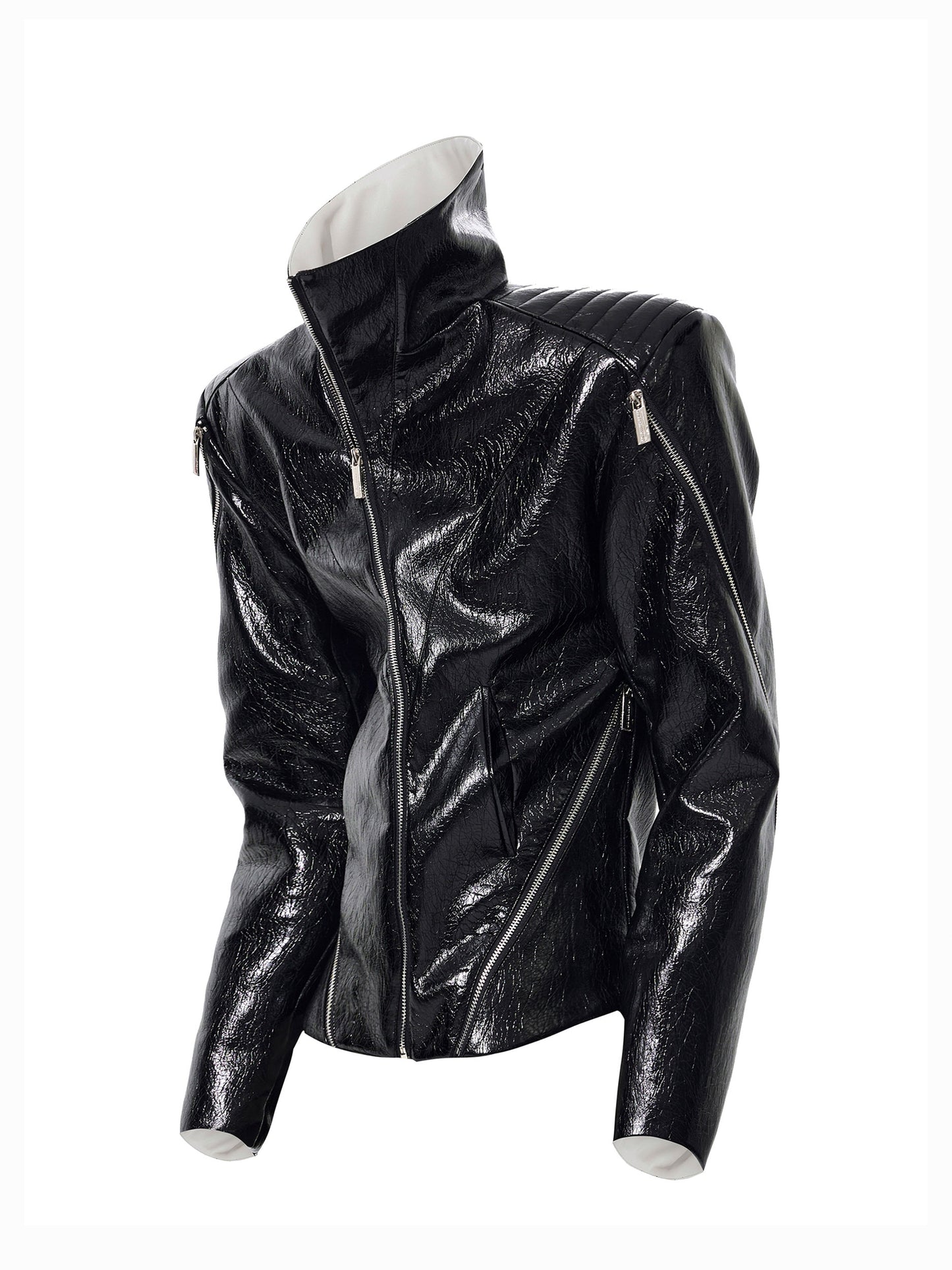 Deconstructed Asymmetrical Zipper Stand Neck Leather Jacket WN23271