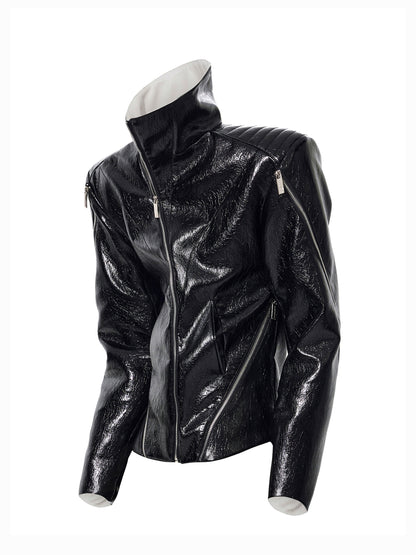 Deconstructed Asymmetrical Zipper Stand Neck Leather Jacket WN23271