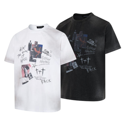 Washed Handwriting Print Short Sleeve T-Shirt WN25809