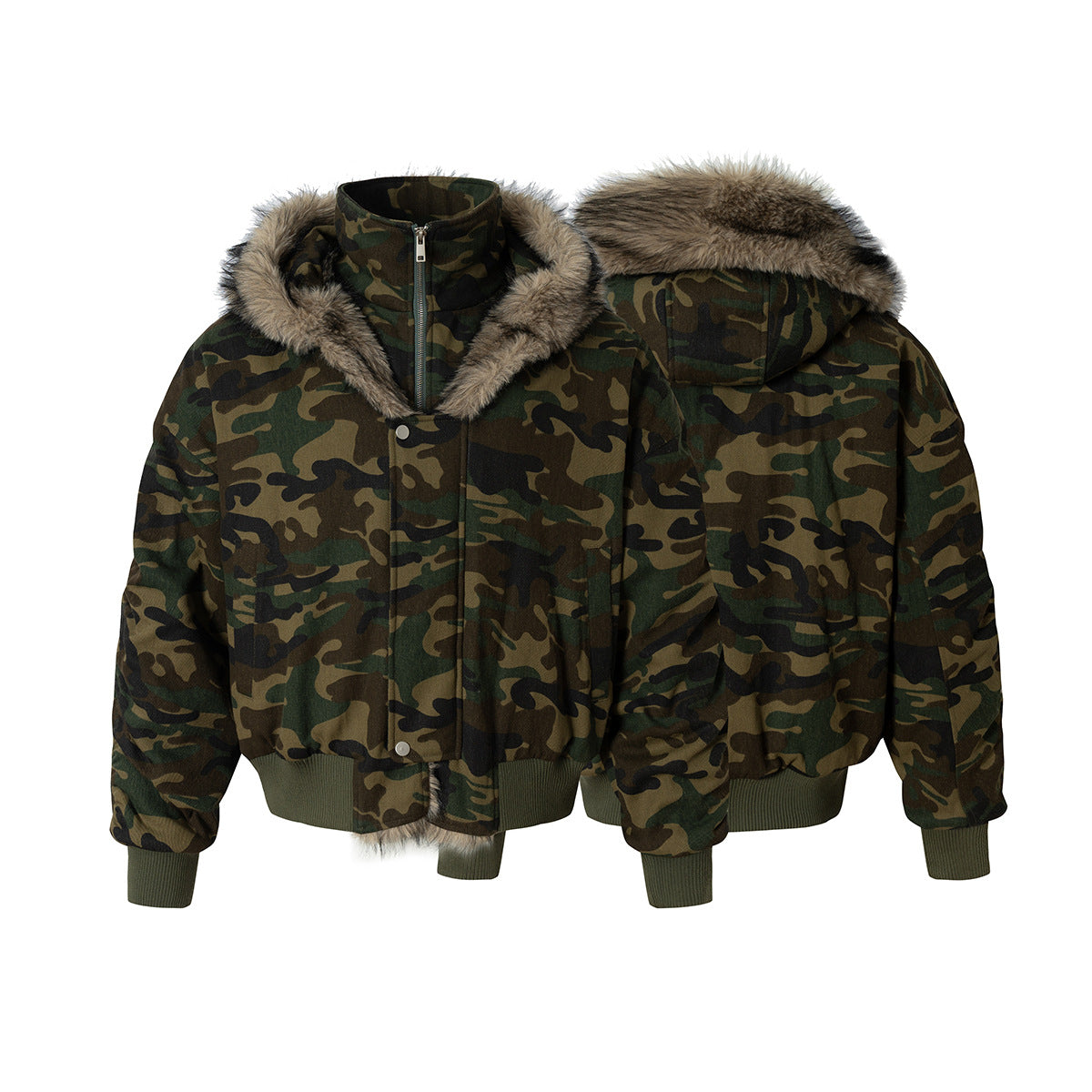 Fake Fur Collar Camouflage Fake Layered Puffer Jacket WN21898