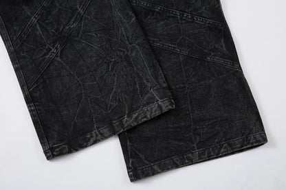 Washed Crinkle Button Fly Wide Leg Denim Jeans WN26144