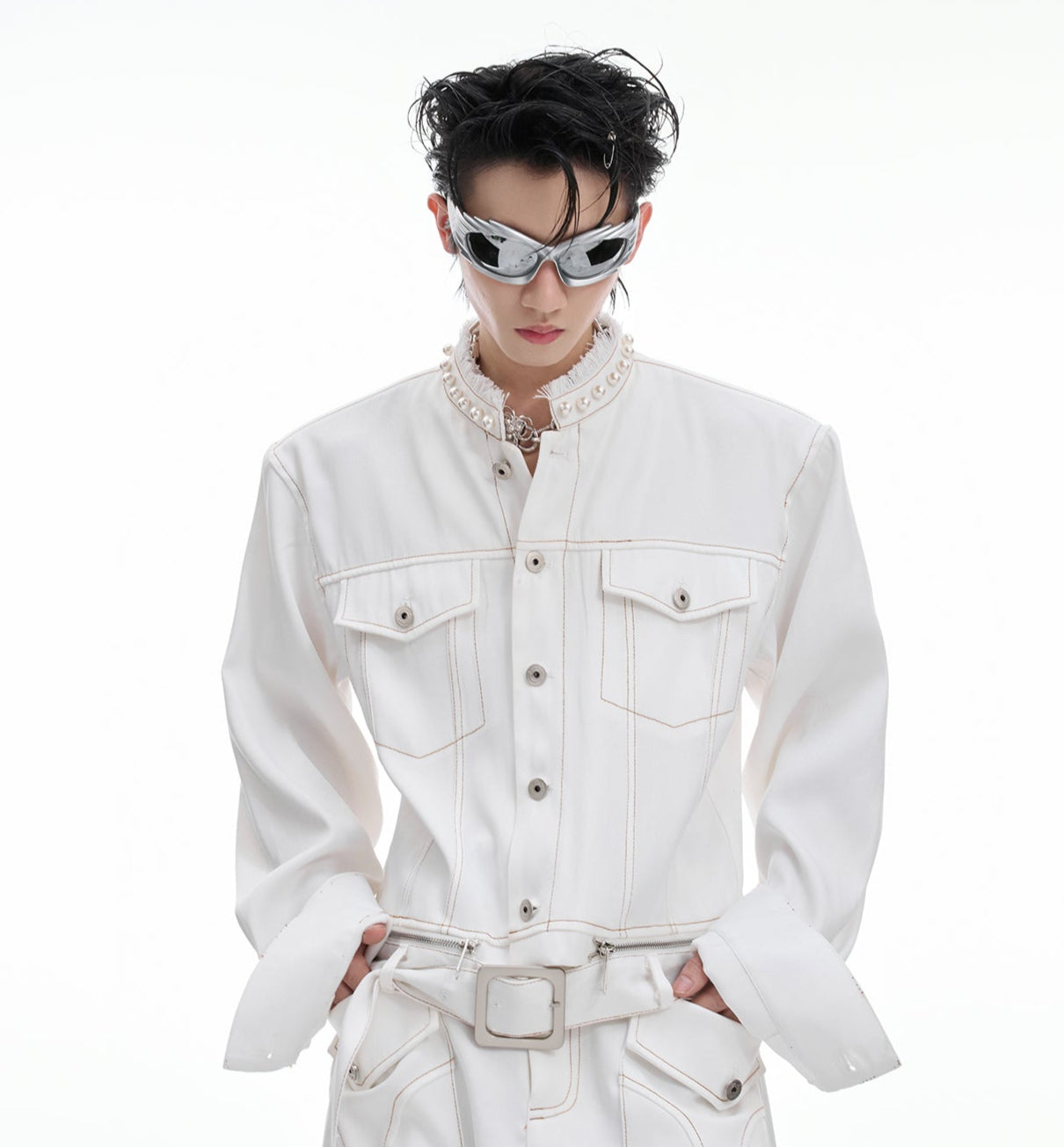 Pearl Detail Collarless Short Denim Jacket & Cargo Denim Jeans Setup WN20513