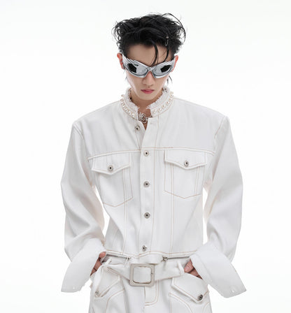 Pearl Detail Collarless Short Denim Jacket & Cargo Denim Jeans Setup WN20513