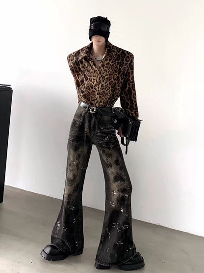 Leopard Print Shoulder Pad Long Sleeve Shirt WN9202