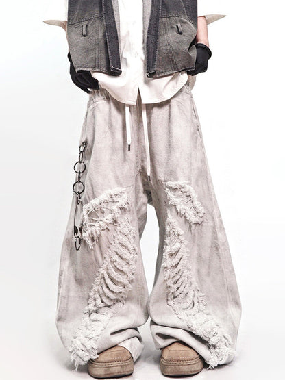 Mud Dye Damage Wide Leg Denim Jeans WN24014