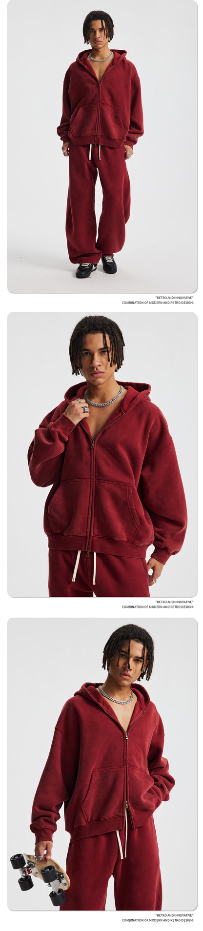 Fleece Lining Zip-Up Wax Dye Zipper Hoodie WN23111