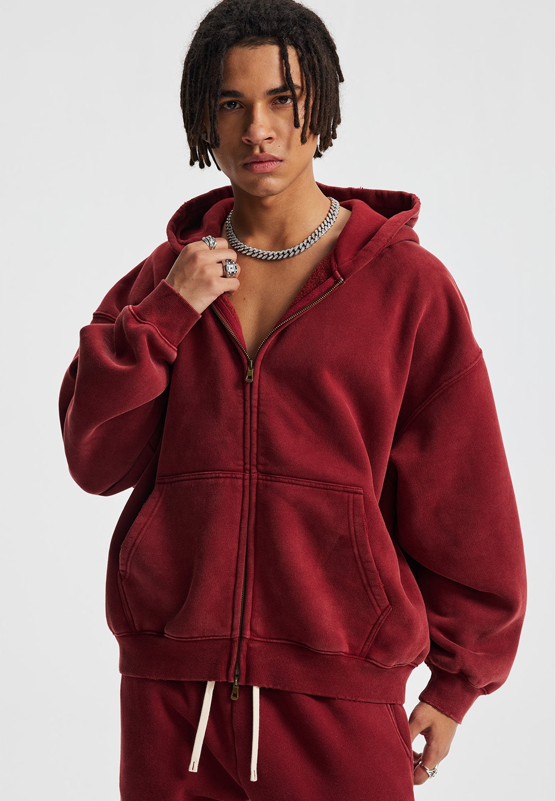 Fleece Lining Zip-Up Wax Dye Zipper Hoodie WN23111
