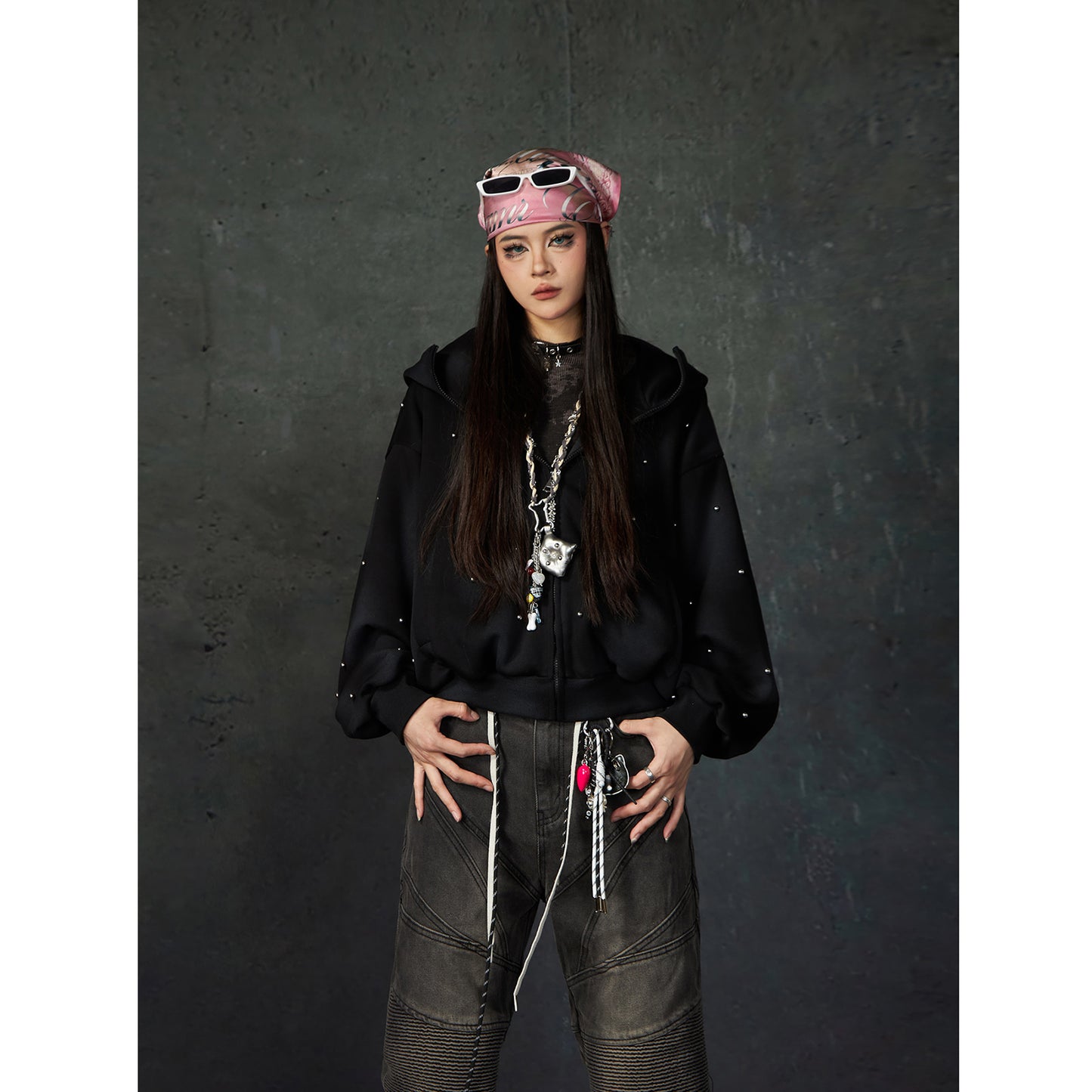 Pearl Embellished Washed Paint Zipper Hoodie WN15201