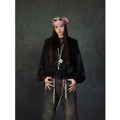 Pearl Embellished Washed Paint Zipper Hoodie WN15201