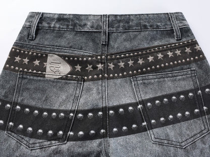 Studs Detail Washed Wide Leg Denim Jeans WN28036