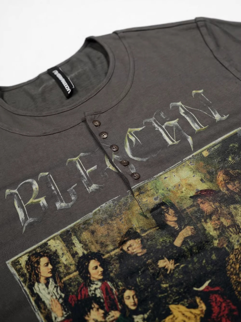 Washed Fake Layered Graphic Henley Long Sleeve T-Shirt WN28016