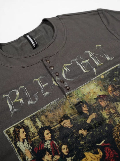 Washed Fake Layered Graphic Henley Long Sleeve T-Shirt WN28016