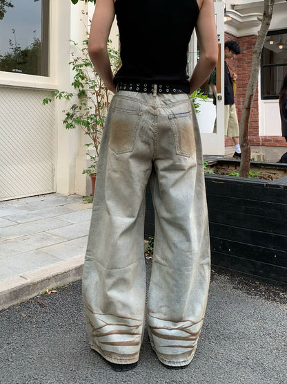 Mud-Dye Washed Whisker Wide Leg Denim Jeans WN19817