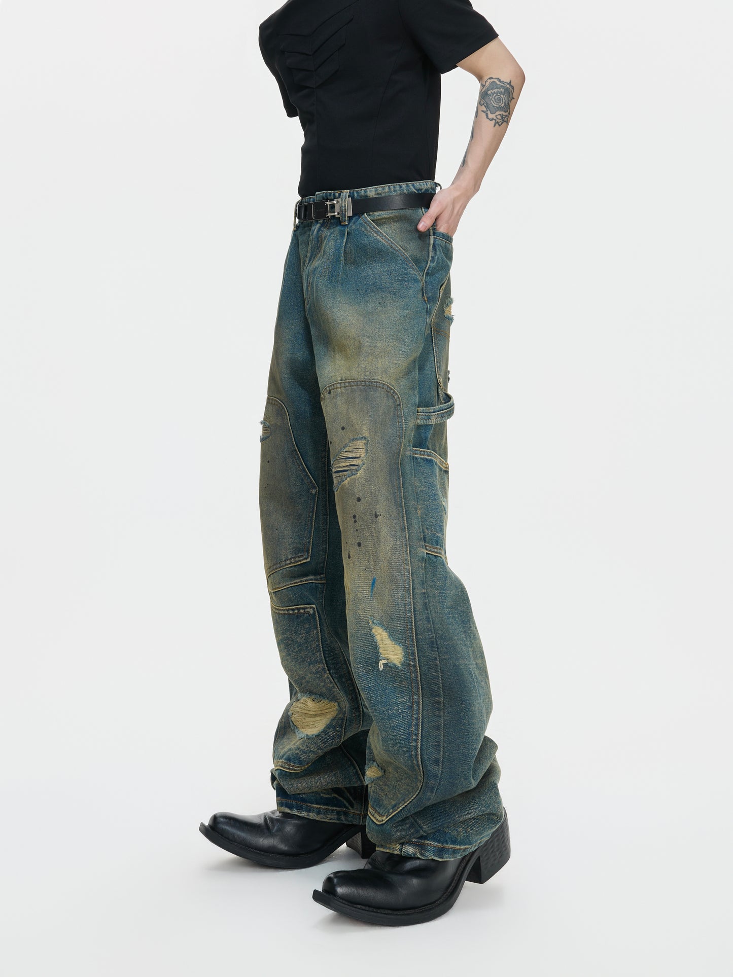 Heavyweight Washed Ripped Workwear Wide Leg Denim Jeans WN27006