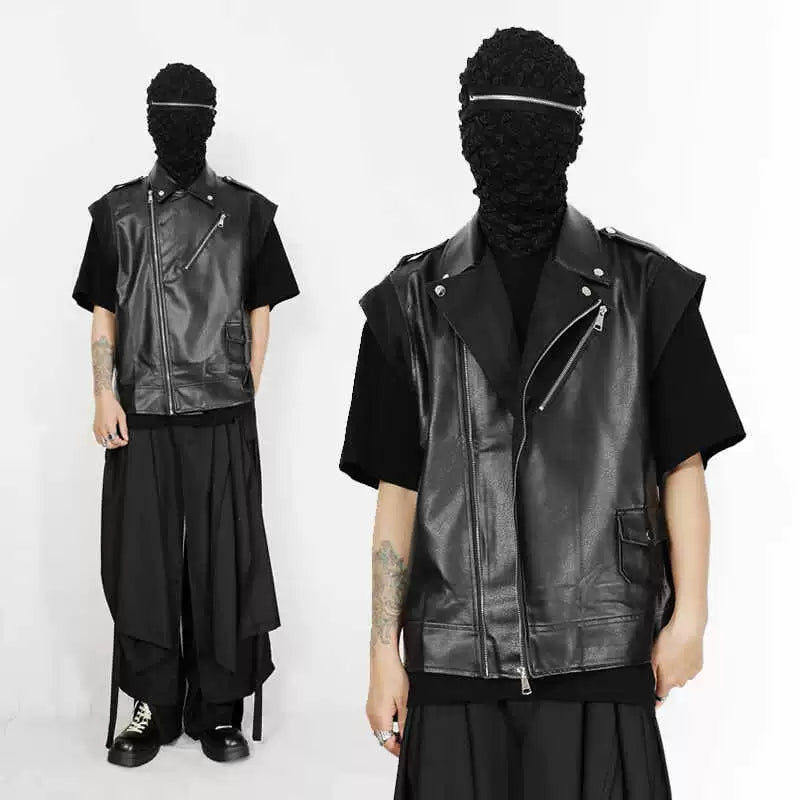 PU Leather Zipper Design Sleeveless Vest Jacket WN20196