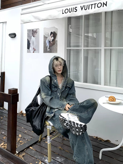 Hooded Denim Jacket & Wide Leg Denim Jeans WN19878