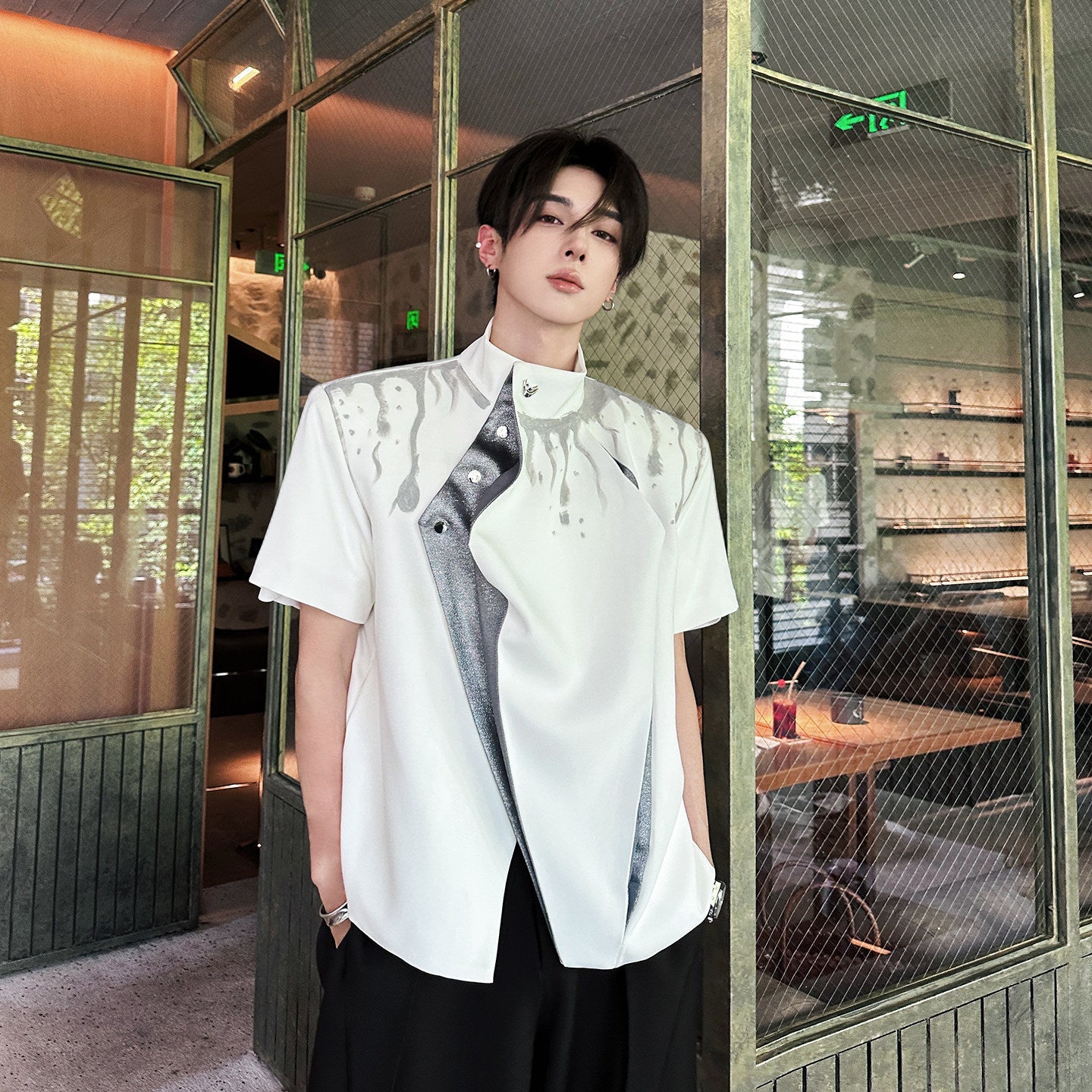 Standing-Collar Short Sleeve Shirt WN25074