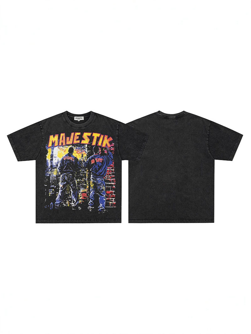 Washed Figure Letter Print Oversize Short Sleeve T-Shirt WN27950