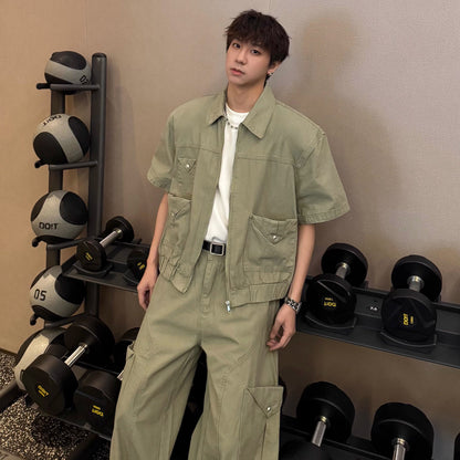 Pocket Short Sleeve Jacket & Wide Leg Cargo Pants Setup WN25342