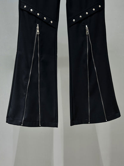 Studs Zipper Wide Leg Flare Trousers WN23951