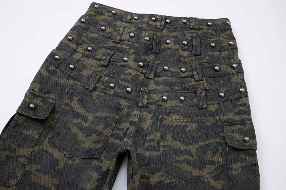 Camouflage Cargo Pocket Wide Leg Denim Jeans WN28009