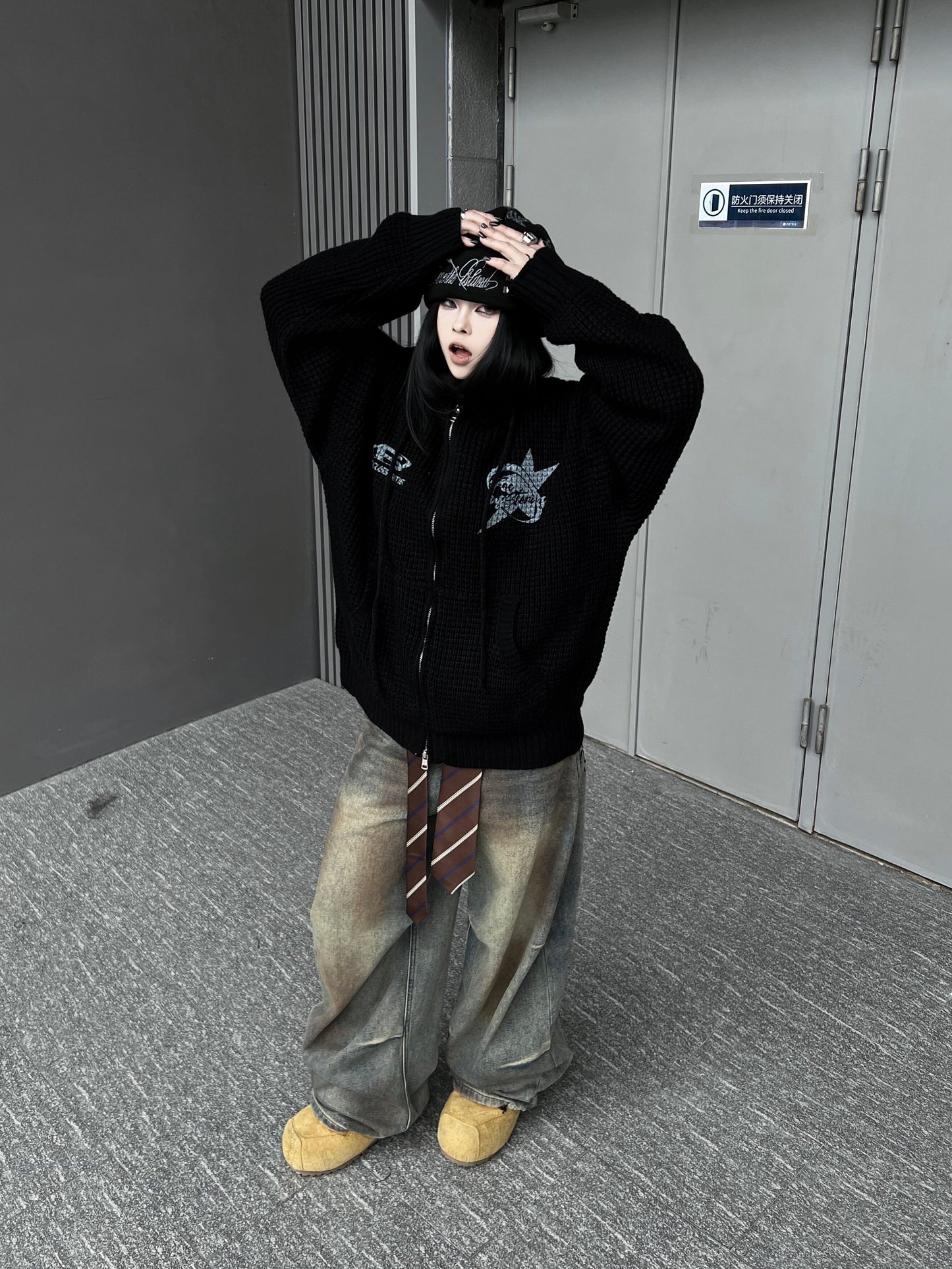 Waffle Knit Embroidery Oversize Zipper Hoodie WN24192