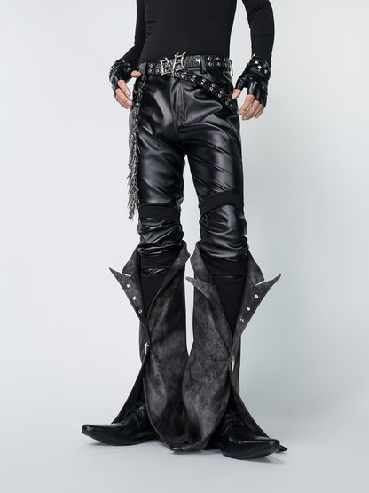 Layered Flare Panel PU Leather Straight Pants & Layered Chain Belt WN24310