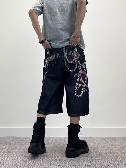 3D Chain Print Wide Leg Half Denim Jeans WN24263