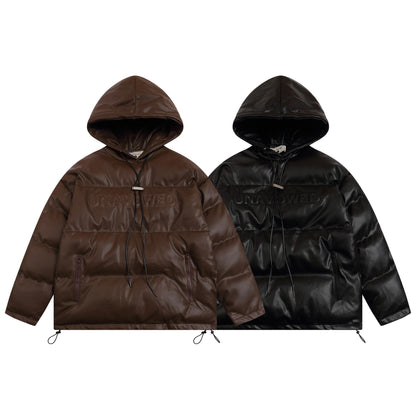 Hooded Pullover Oversize PU Leather Puffer Jacket WN11146