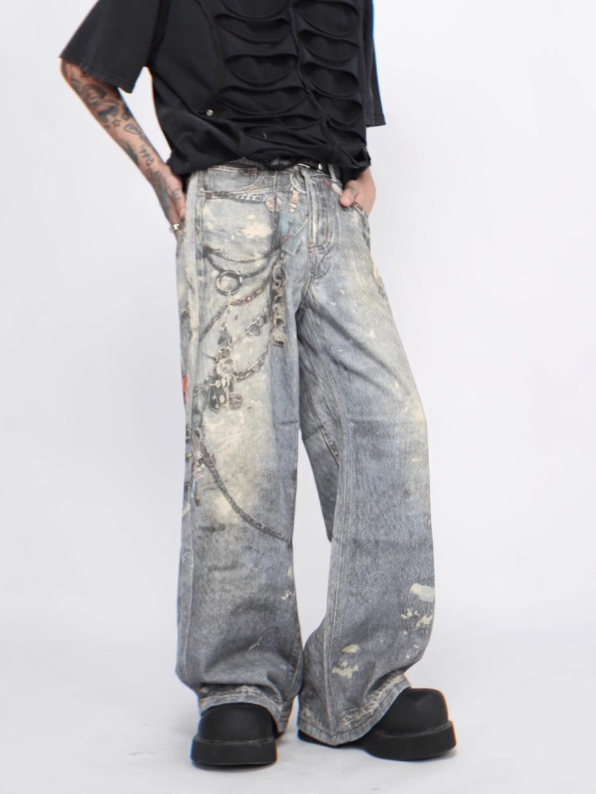 Chain Print Damage Wide-Leg Straight Denim Jeans WN6955