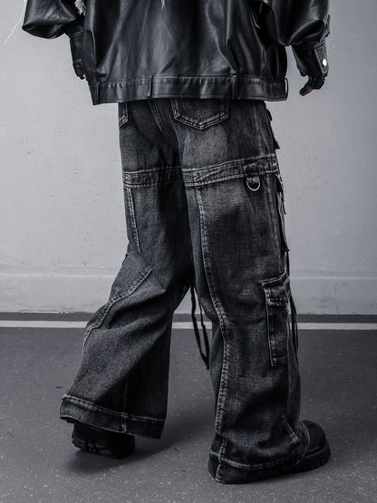 Damage Wash Studs Multi-Pocket Wide Leg Denim Jeans WN22540