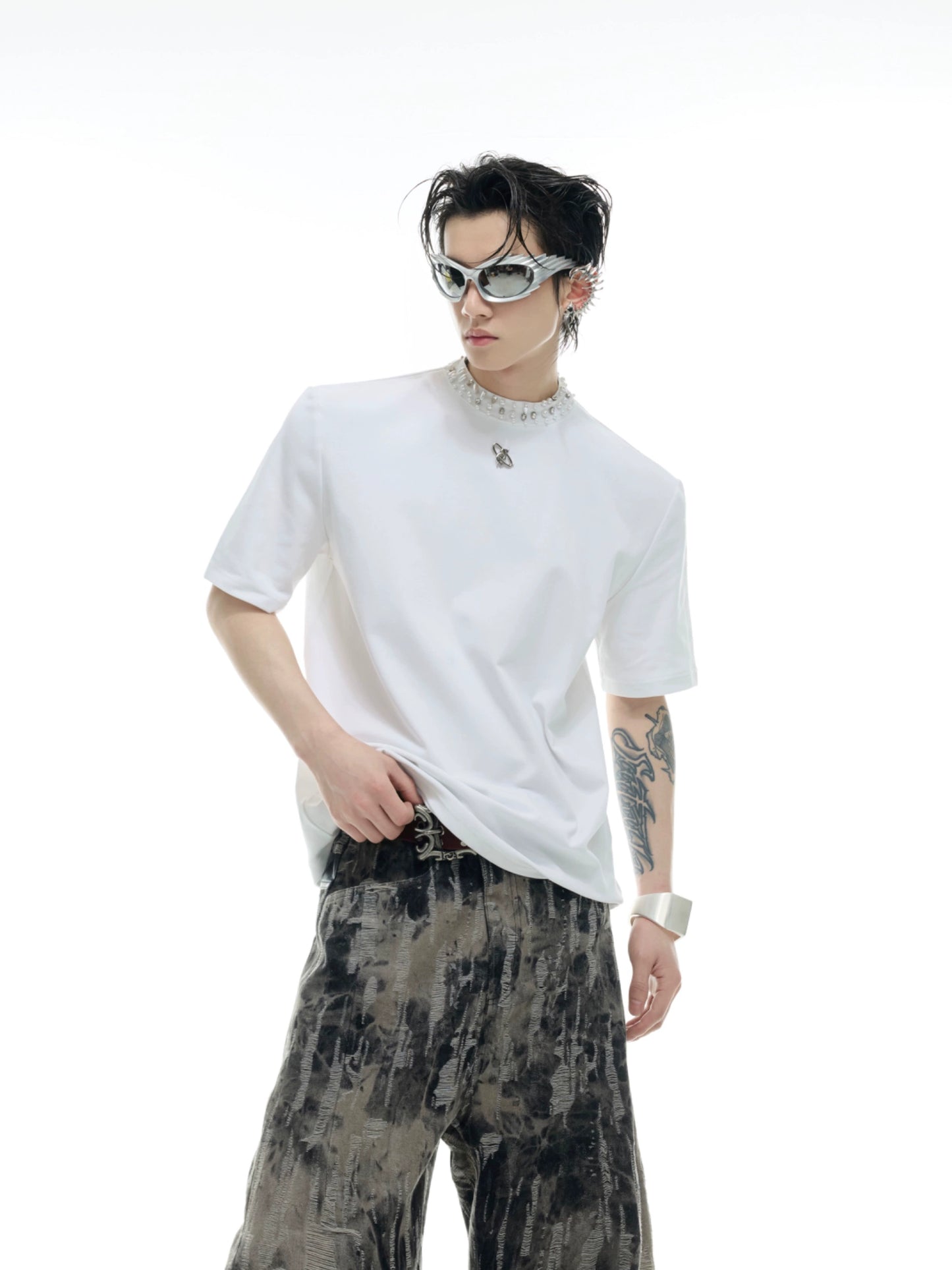 Rhinestone Pearl Neck Short Sleeve T-Shirt WN16320