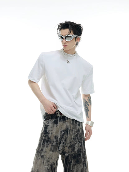 Rhinestone Pearl Neck Short Sleeve T-Shirt WN16320