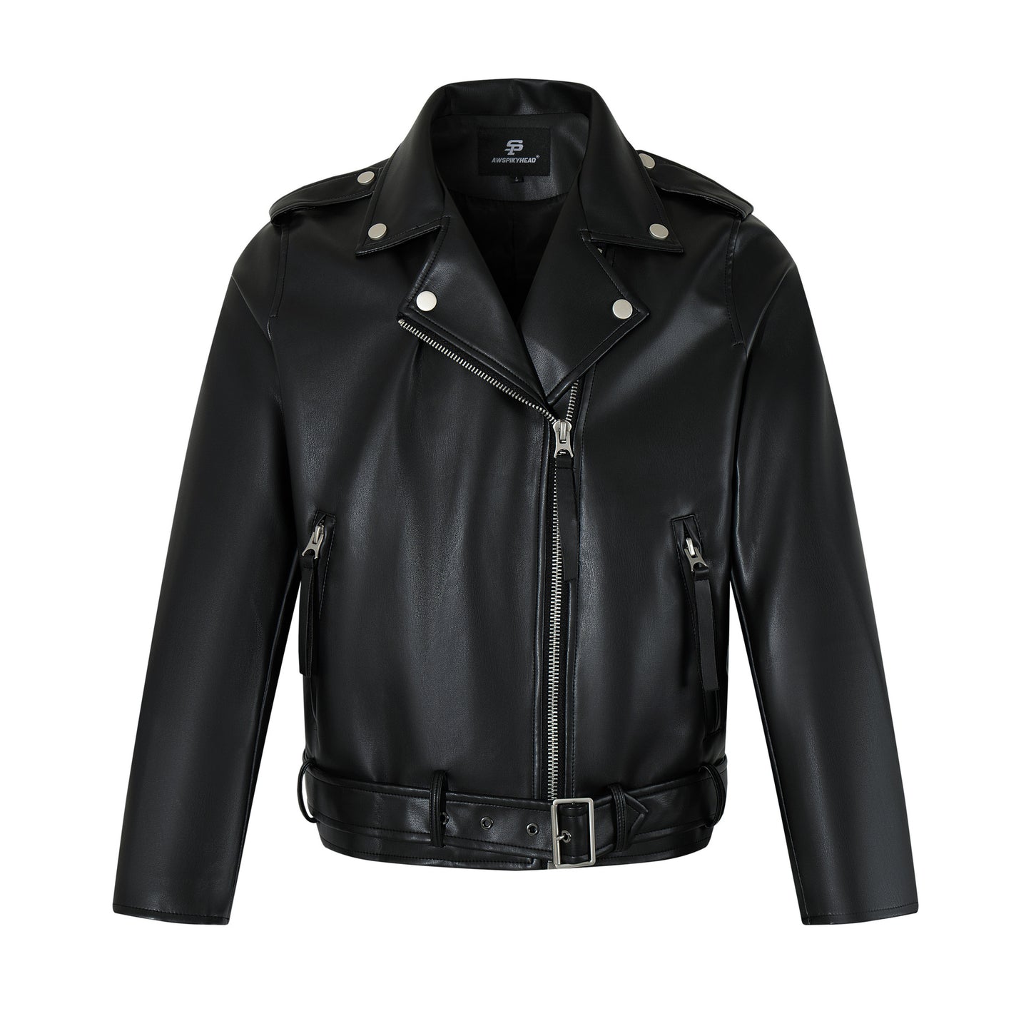 Zip-Up Belted Metal Buckle PU Leather Jacket WN23082