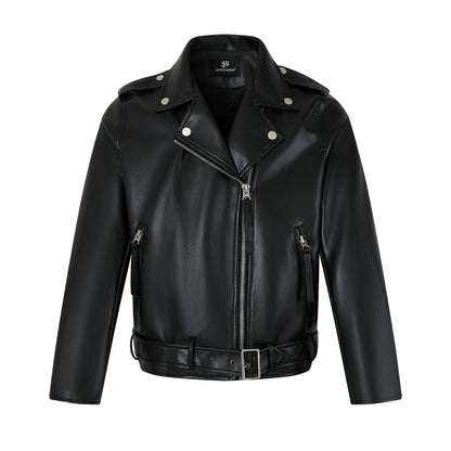 Zip-Up Belted Metal Buckle PU Leather Jacket WN23082