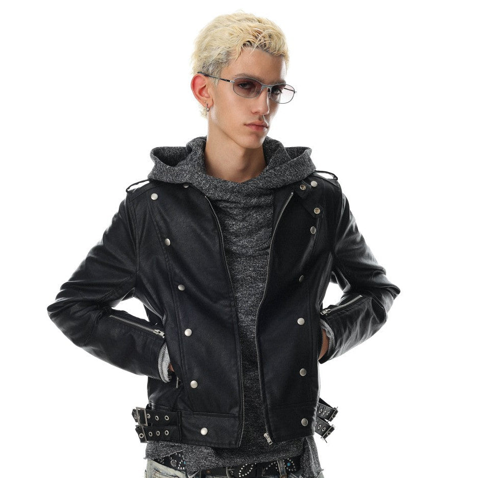 Stand Neck Double Studs Zipper PU Leather Jacket WN28068