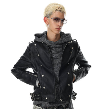 Stand Neck Double Studs Zipper PU Leather Jacket WN28068