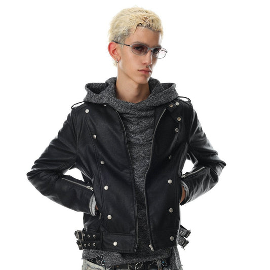 Stand Neck Double Studs Zipper PU Leather Jacket WN28068
