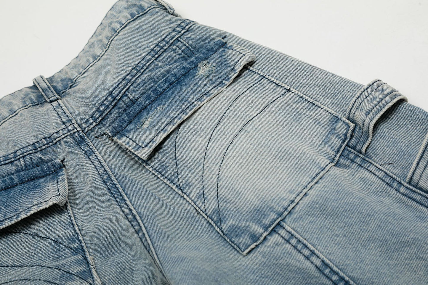 Washed Curved Multi Pocket Wide Leg Cargo Denim Jeans WN25736