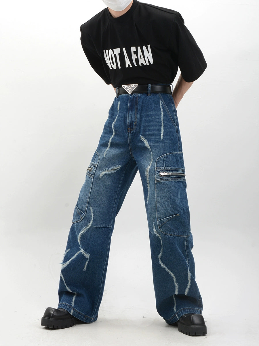 Damage Wide Leg Long Denim Jeans WN6148