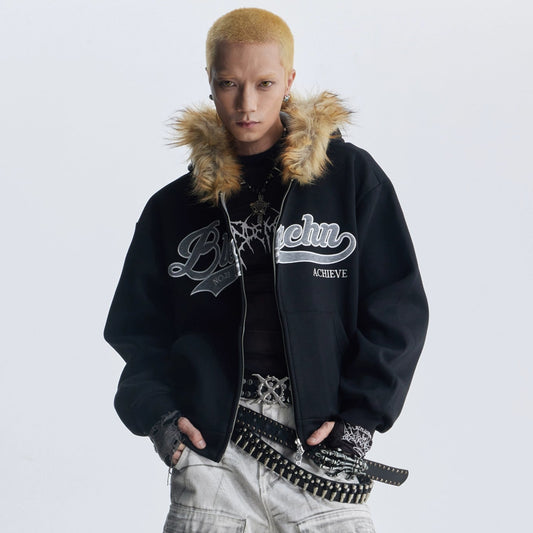 Fake Fur Design Embroidery Letter Oversize Zipper Hoodie WN20822