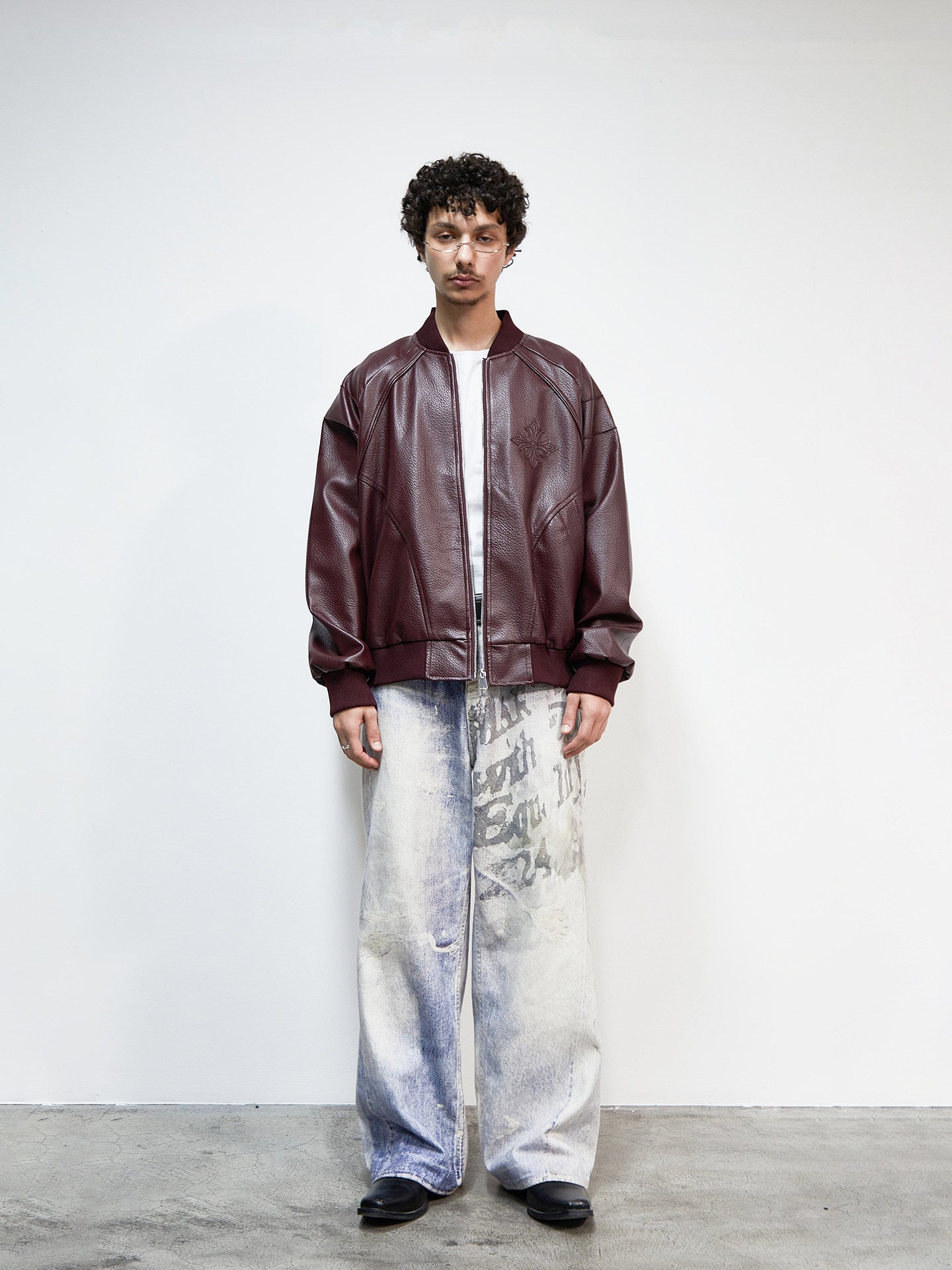 PU Leather Embroidery Baseball Collar Oversize Jacket WN22922