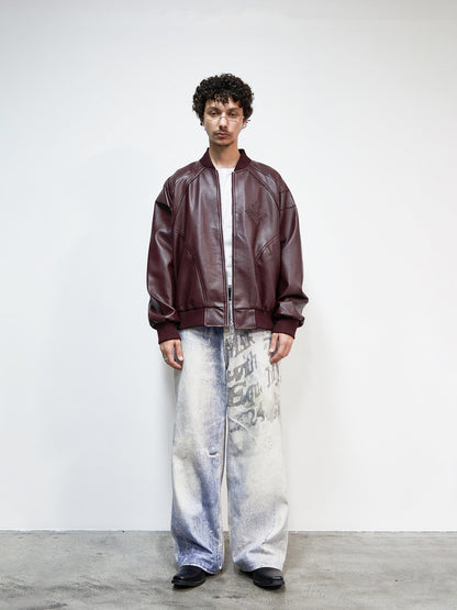 PU Leather Embroidery Baseball Collar Oversize Jacket WN22922