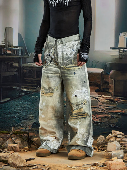 3D Lace Bead Print Straight Denim Jeans WN20578