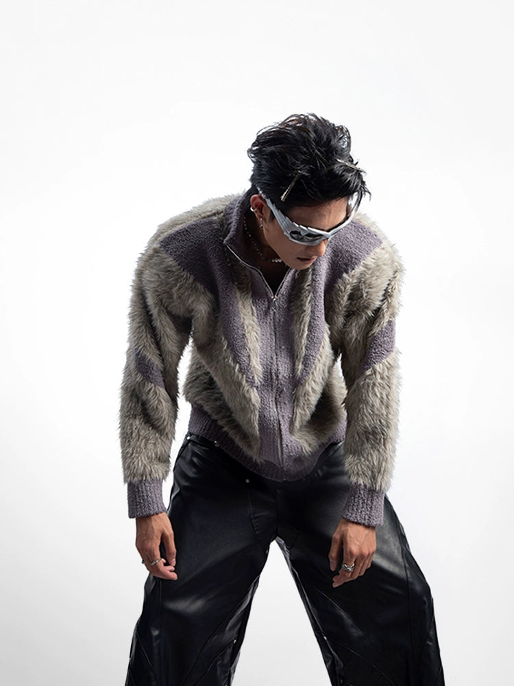 Fuzzy Patchwork Stand Neck Knit Cardigan WN20629