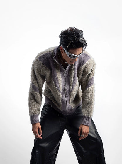 Fuzzy Patchwork Stand Neck Knit Cardigan WN20629